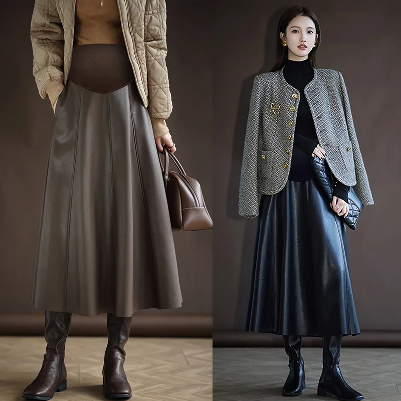 Pleated PU Maternity Skirts Autumn Winter Fashion A Line Belly Bottoms Clothes for Pregnant Women Pregnancy
