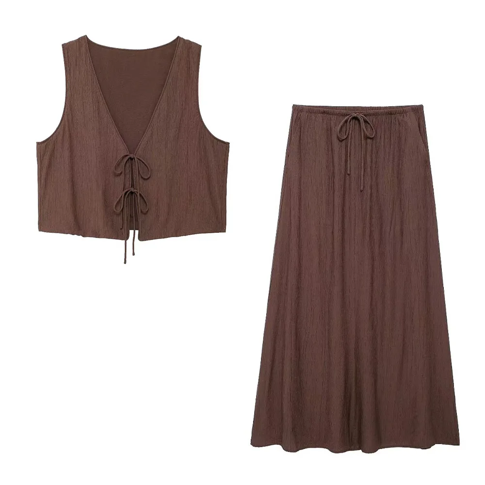 HH TRAF Conjunto elegante de 2 piezas para mujer, con escote en V, sin mangas, con cordones, chaleco corto, cintura alta, faldas plisadas con cordón en forma de A