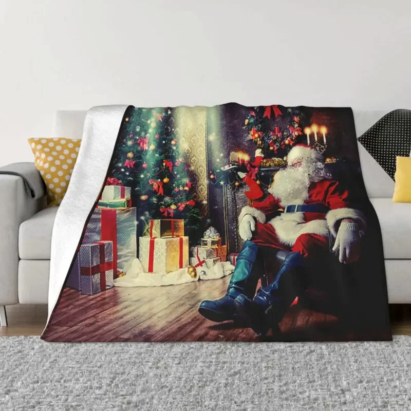 

Merry Christmas Tree Santa Claus Blankets Flannel New Year Super Soft Throw Blanket for Bedroom Sofa Bed Rug