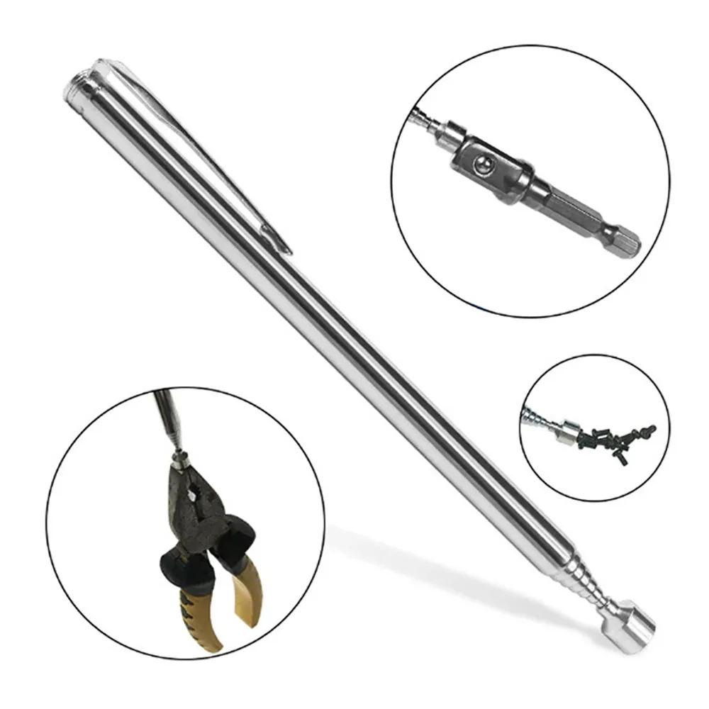 Extendable Pickup Rod Stick Portable Rotatable Silver Magnetic Pickup with Retractable Pen Clip Magnet Suction Rod Hand Tools