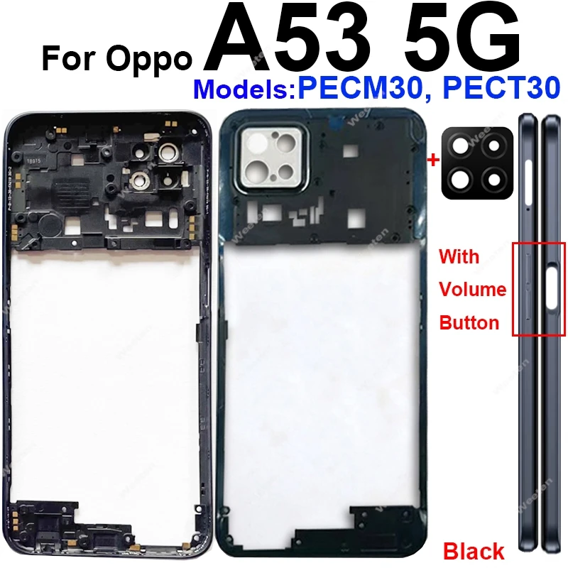 OPPO A53S A53 4G A53 5G 중간 프레임 하우징 커버 후면 배터리 도어 하우징 베젤 부품 (카메라 렌즈 프레임 포함/제외)