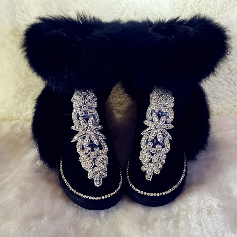 

Handmade rhinestone Pink and velvet-thickened Super Fox Leather Boots Ankle Boots Warm Cotton boots 35-44