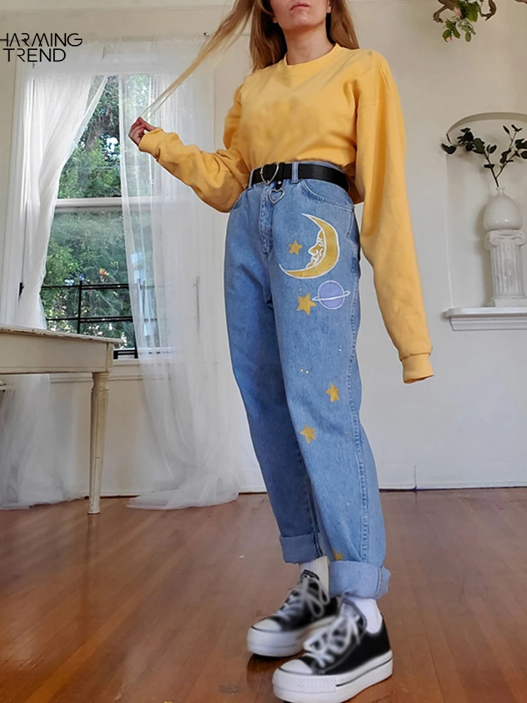 Straight Women Cute Jeans Baggy Vintage High Waist Moon Star Pattern Young  Girls Denim Pants Streetwear 2022 Female Long Jeans