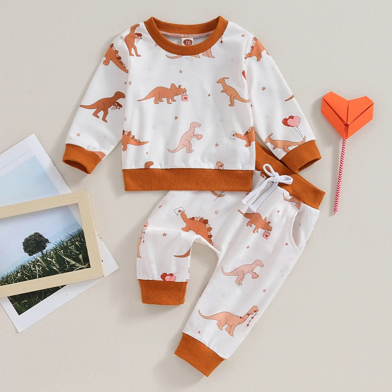 

Toddler Cartoon Dinosaur Print Cute Outfits Baby Boys Contrast Color Long Sleeve Sweatshirts and Long Pants 2Pcs Clothes Set