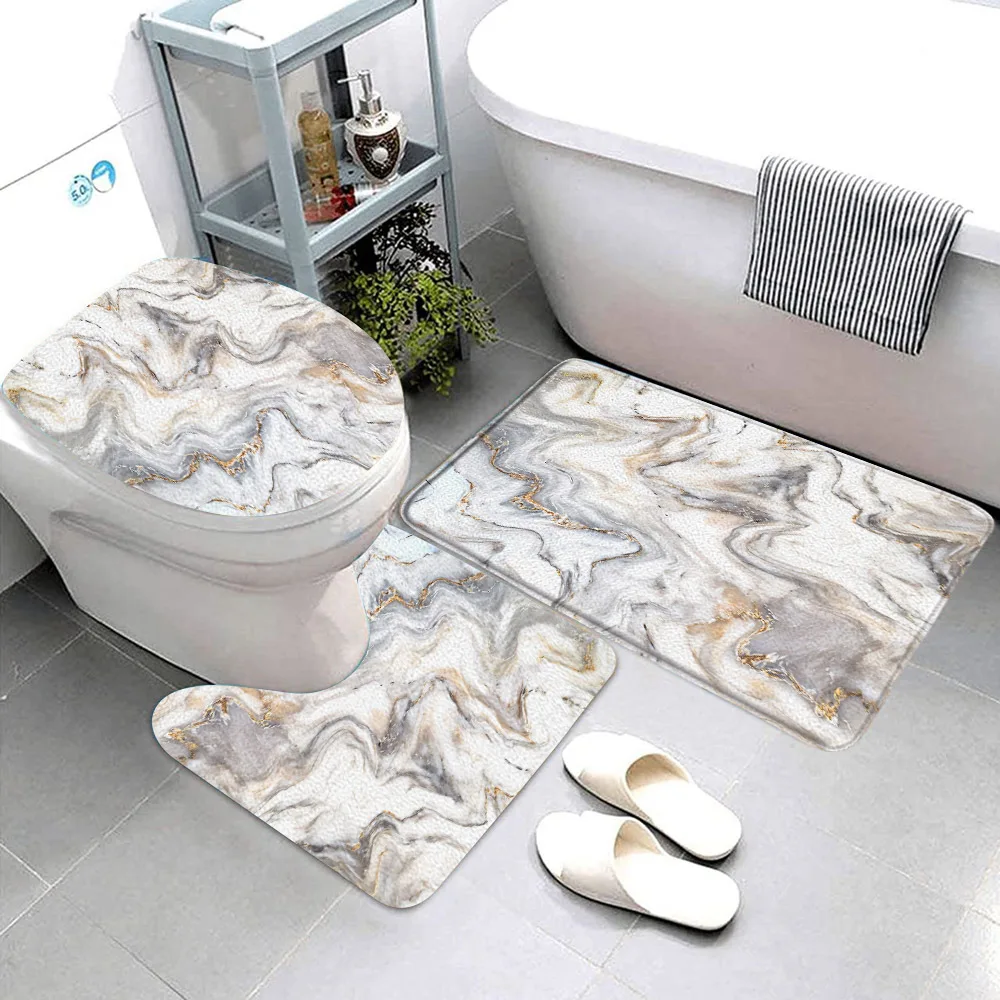Bathroom Mat 3pcs Sets Black Marble Bath Mats Gold Grey Lines Creative Abstract Geometric Art Home Bathroom Door Rug Anti-Slip Toilet Lid Mat