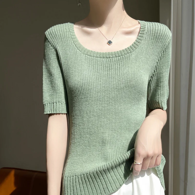 

Women's T-shirt Summer New Worsted Wool Knitwear Casual Solid Color Ladies Tops Round Neck Pullover Short Sleeve Fitted Tees