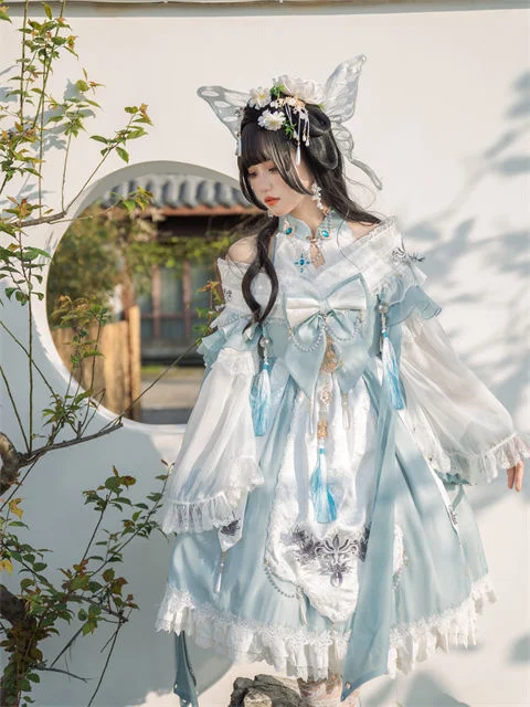 原宿ヴィンテージブルーライラックメッシュドレス