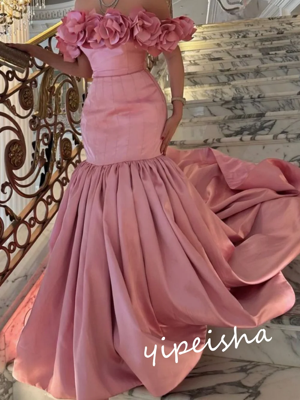 Ball Dress Saudi Arabia Prom Satin Flower Draped Party Mermaid Off-the-shoulder Bespoke Occasion Gown Long Dresses