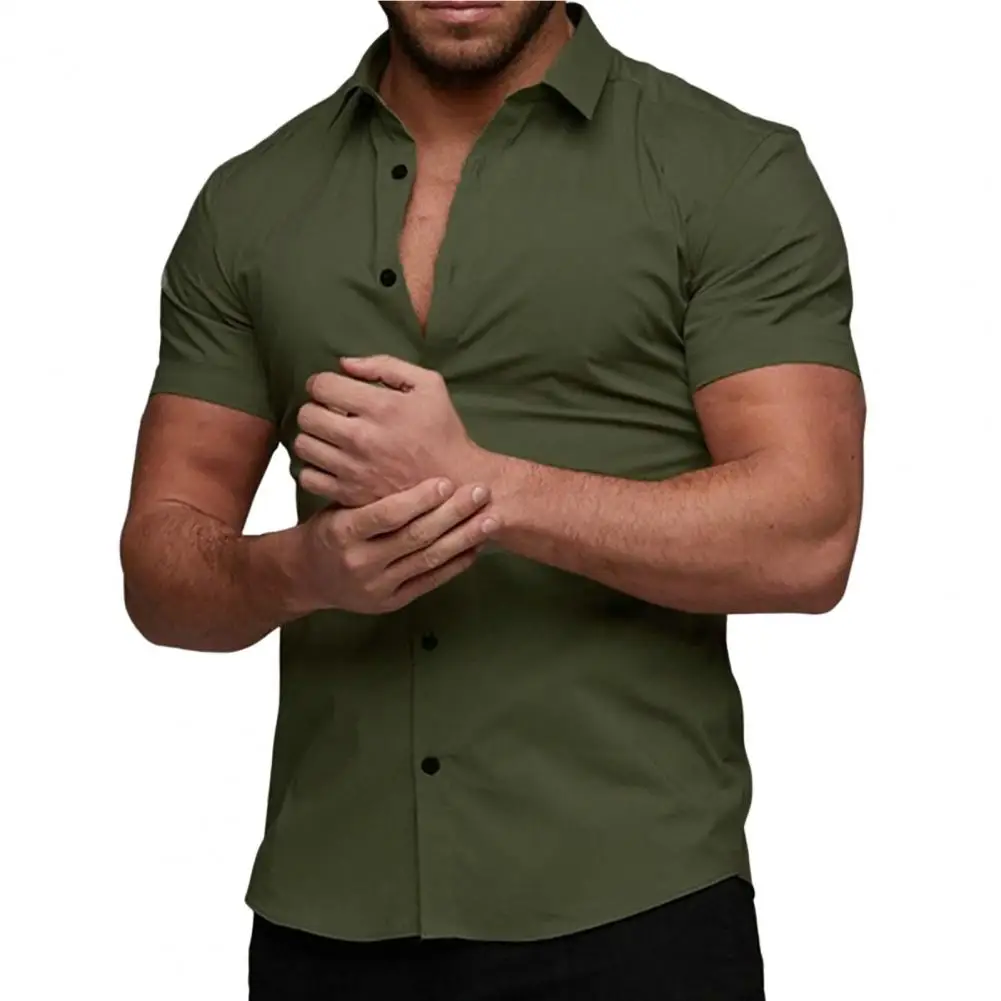 Summer Fashion Short Sleeve Shirt Men Solid Super Slim Fit Male Social Business Dress Shirt Brand Men Gym Fitness Sport Clothing