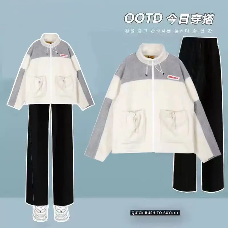 Fashion Set Women's Autumn and Winter Thickened Lamb Wool Coat Loose Wide Leg Pants Two Piece Set Winter Clothes Women Pant Sets