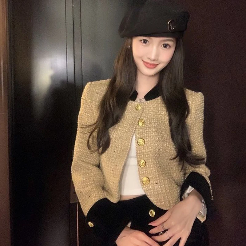 Elegant Women Tweed Cropped Jacket 2023 Korean Fashion Long Sleeve Vintage Coat All-Match Button Patchwork Casual Outwear Top