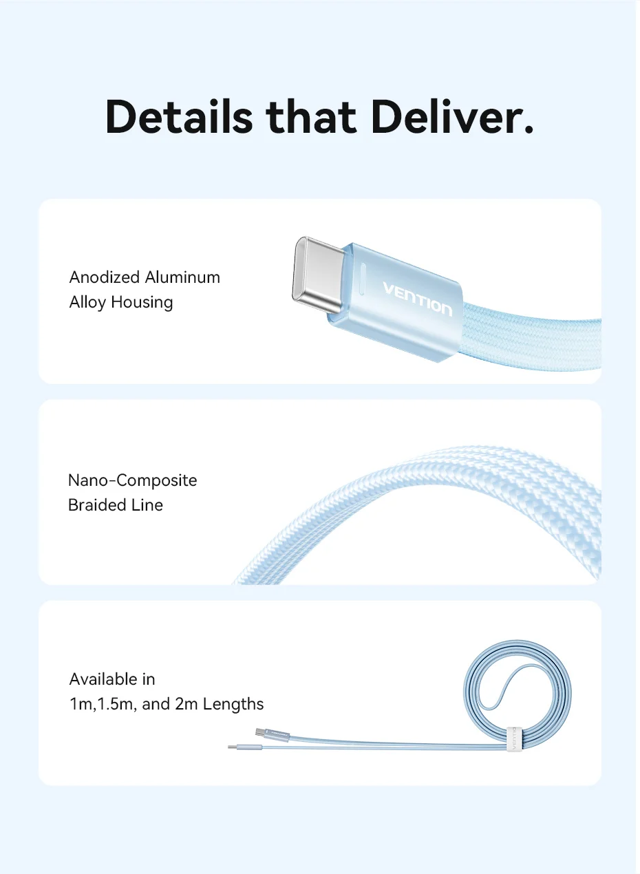 Vention USB-C auf Typ-C Kabel 3A Ultra-Dünn PD60W Schnellladekabel Typ-C Kabel für iPhone 17 16 15 Samsung S24 Xiaomi 17 – Detail 8