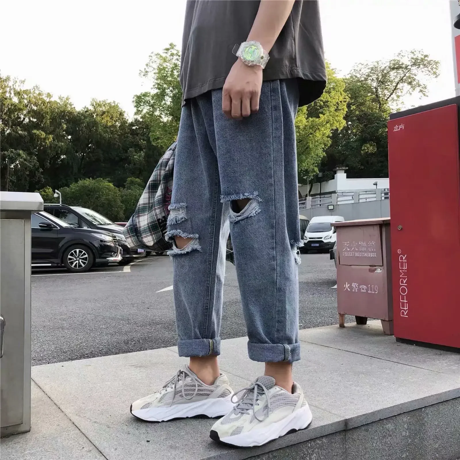 Pantalones vaqueros ajustados y recortados para hombre, con bolsillos, estilo coreano, Kpop Y2k, ropa de calle, invierno