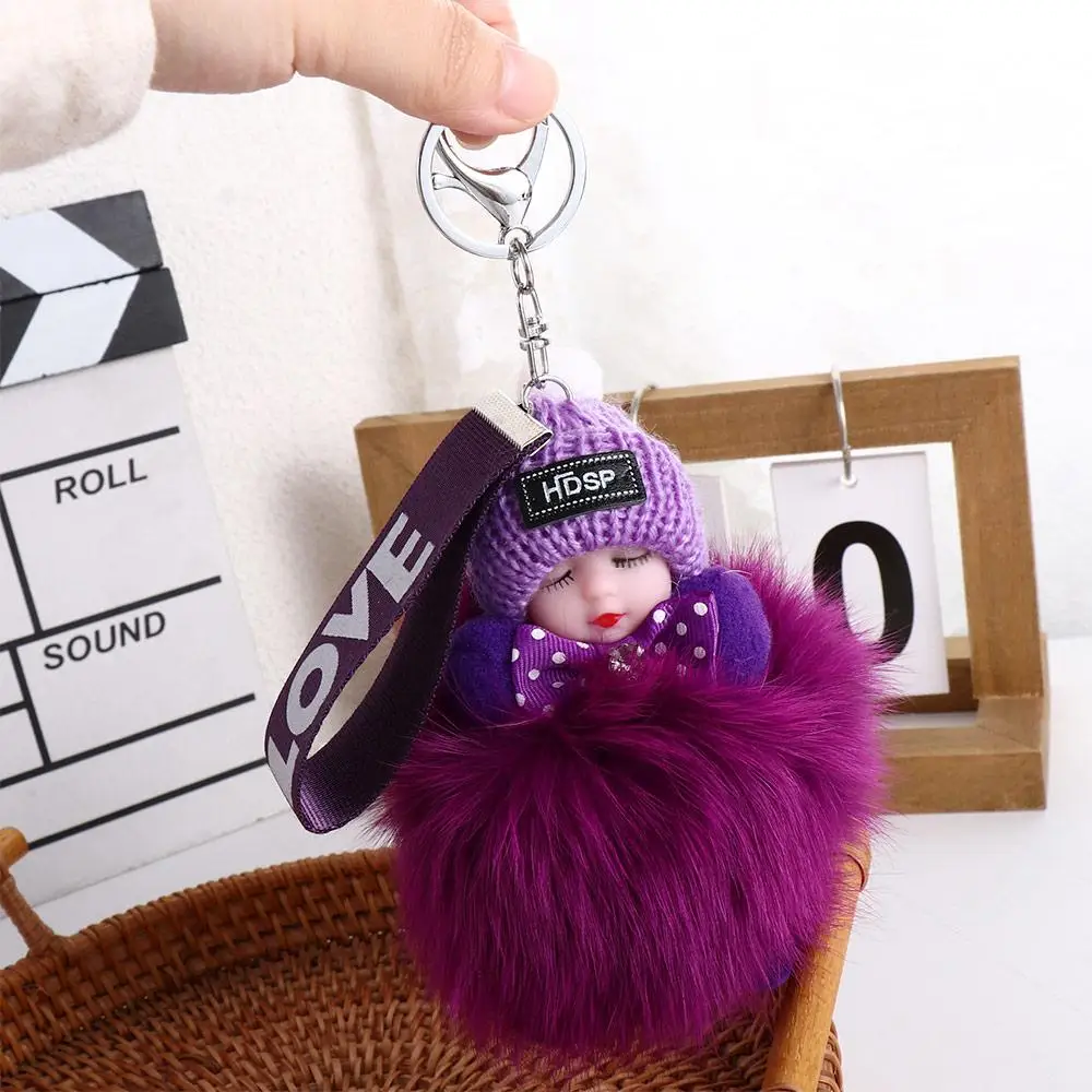 Colorful Bag Pendant For Girls Backpack Jewelry Gift Fluffy Plush Doll Pompom Keyring Sleeping Baby Doll Plush Keychain