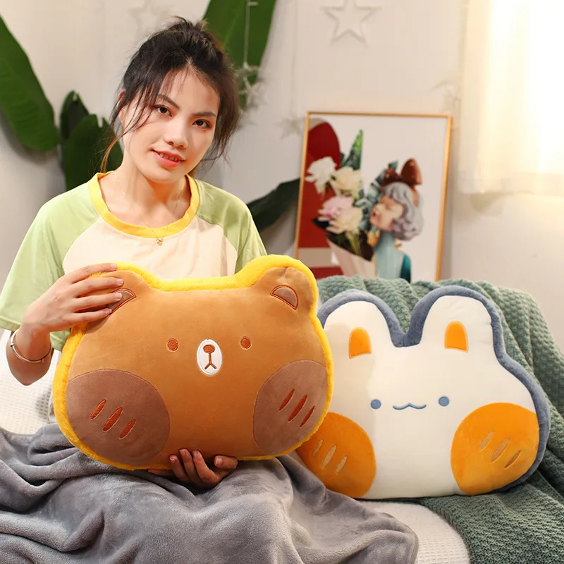 40x30cm Kawaii Squishy Animals Throw Pillow Stuffed Animal Head Seat Cushion Decorate Frog Rabbit Bear Pig with Blanket Gift