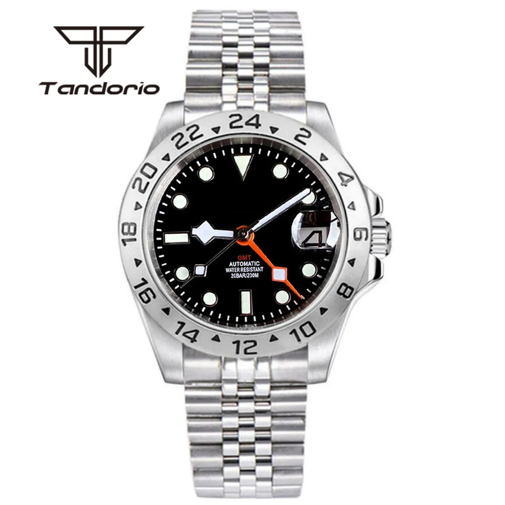 Tandorio Stainless Steel 39mm NH34A GMT Function Dress Automatic Wristwatch for Men Sapphire Glass Black Dial Date Screw Crown