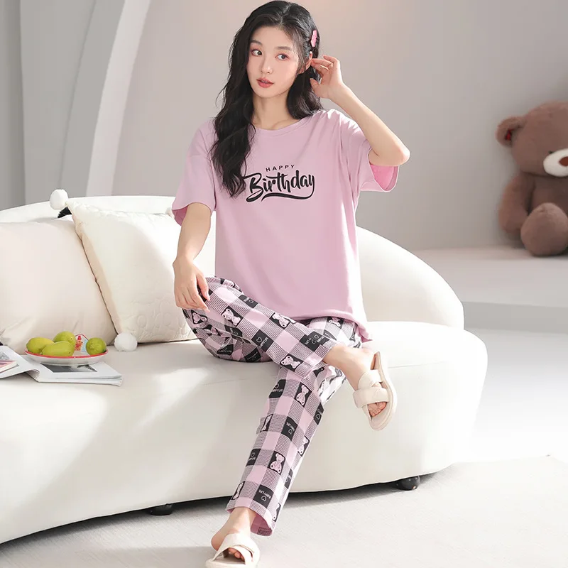 Summer Women's Pure Cotton Pajamas Round Neck Short Sleeve Pullover Pants Oversized Casual Home Clothing Set Cartoon Sleepwear