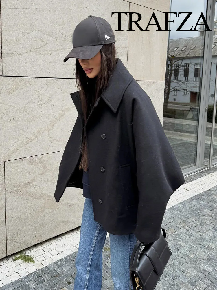 TRAFZA Winter Women's Loose Short Jacket Stand Collar Long Sleeve Button Casual Jacket Women's Wool Blended Khaki Top Y2K 6