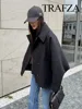 TRAFZA Winter Women's Loose Short Jacket Stand Collar Long Sleeve Button Casual Jacket Women's Wool Blended Khaki Top Y2K 6
