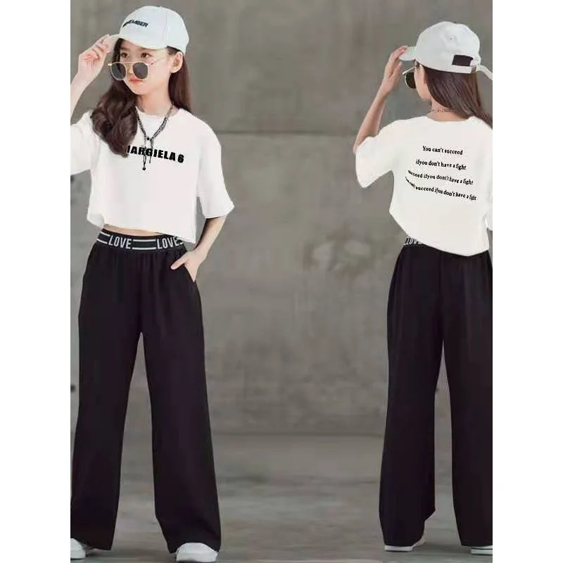 

Girls' Suit Summer New Medium and Large Children's Western Style Children's Short-Sleeved Shirt Wide-Leg Pants Two-Piece Suit