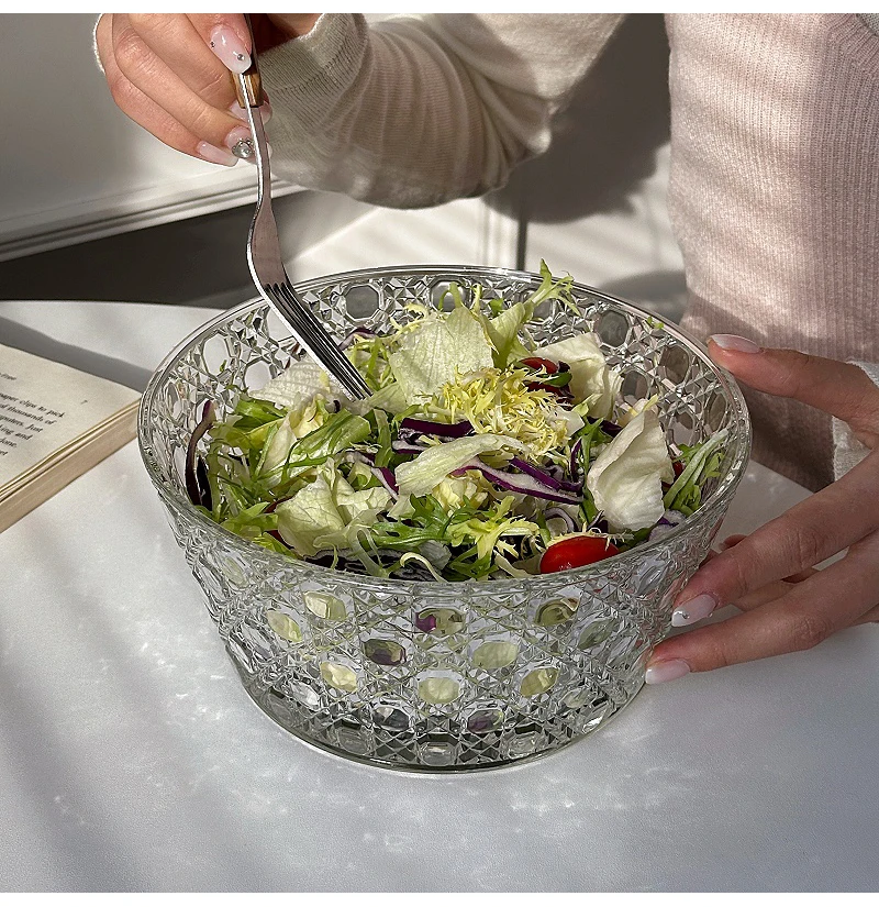 Description Picture 6 of itemCreative Relief Glass Bowl Korean Ins Transparent Round Kitchen Homehold Tableware Vegetables Fruit Yogurt Salad Dessert Bowls