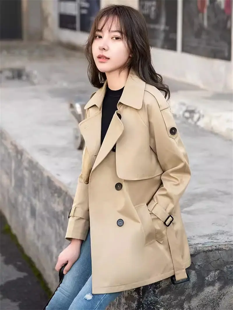 

Short Trench Coat For Women In 2024 New Black Popular Khaki Fashion Patch Double Breasted Spring And Autumn Windbreaker K1147