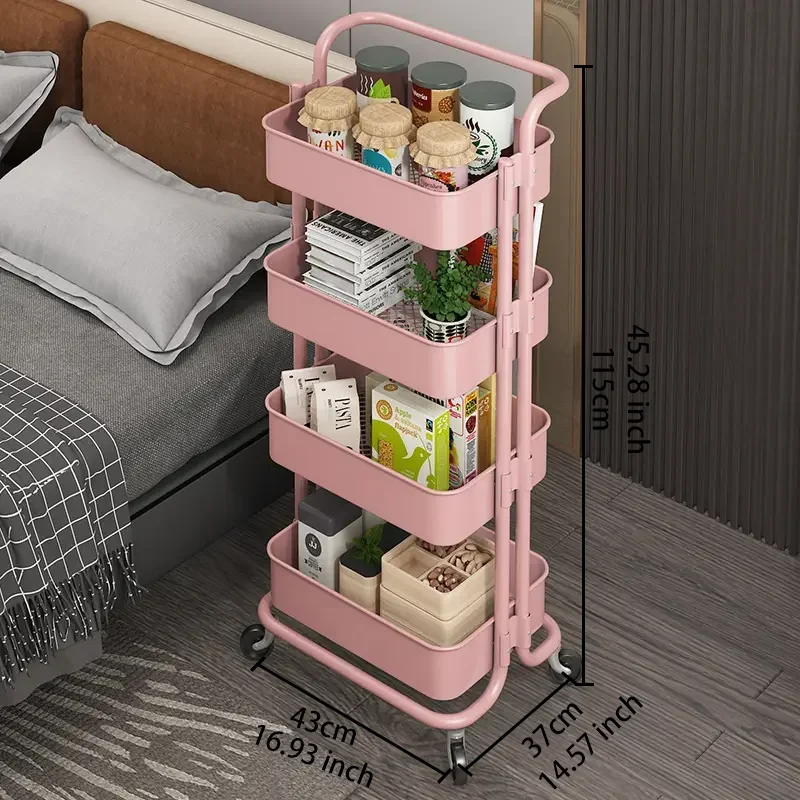 Pink Rolling Cart with Wheels, Utility Cart, Home Kitchen Tool Storage, Racking Organizer, Trolley with Metal Frame, 4 Tiers