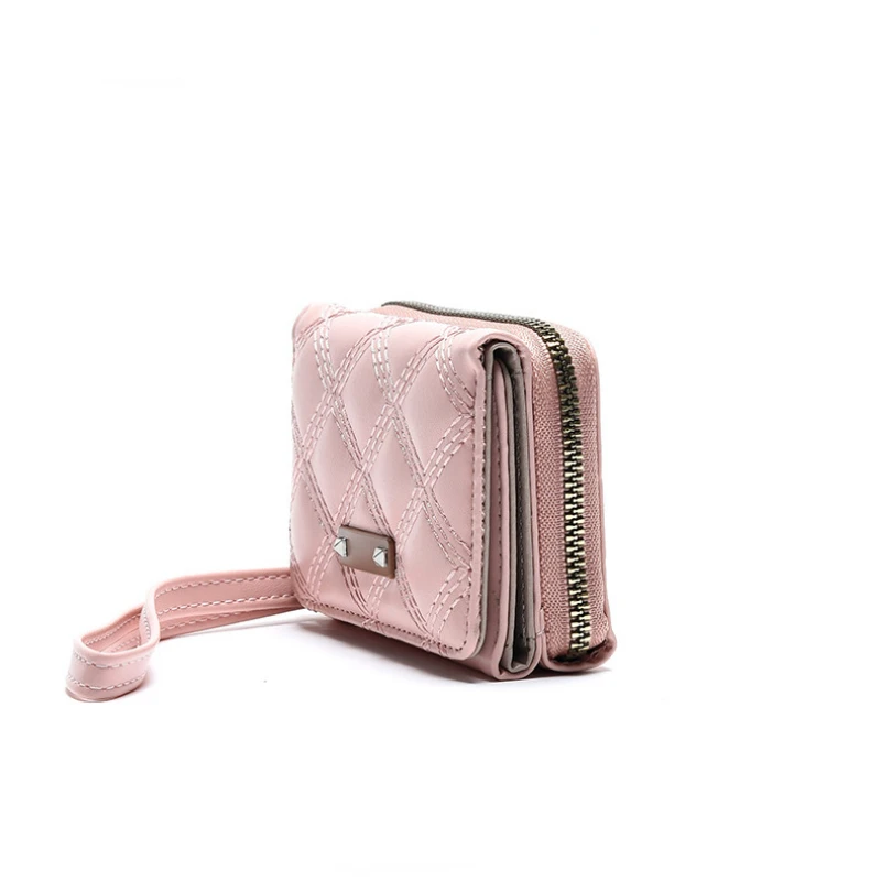 Short Ladies Wallet zipper Coin Purse Multi-card Slot Simple PU leather Student Triple fold Wallets with wrist strap