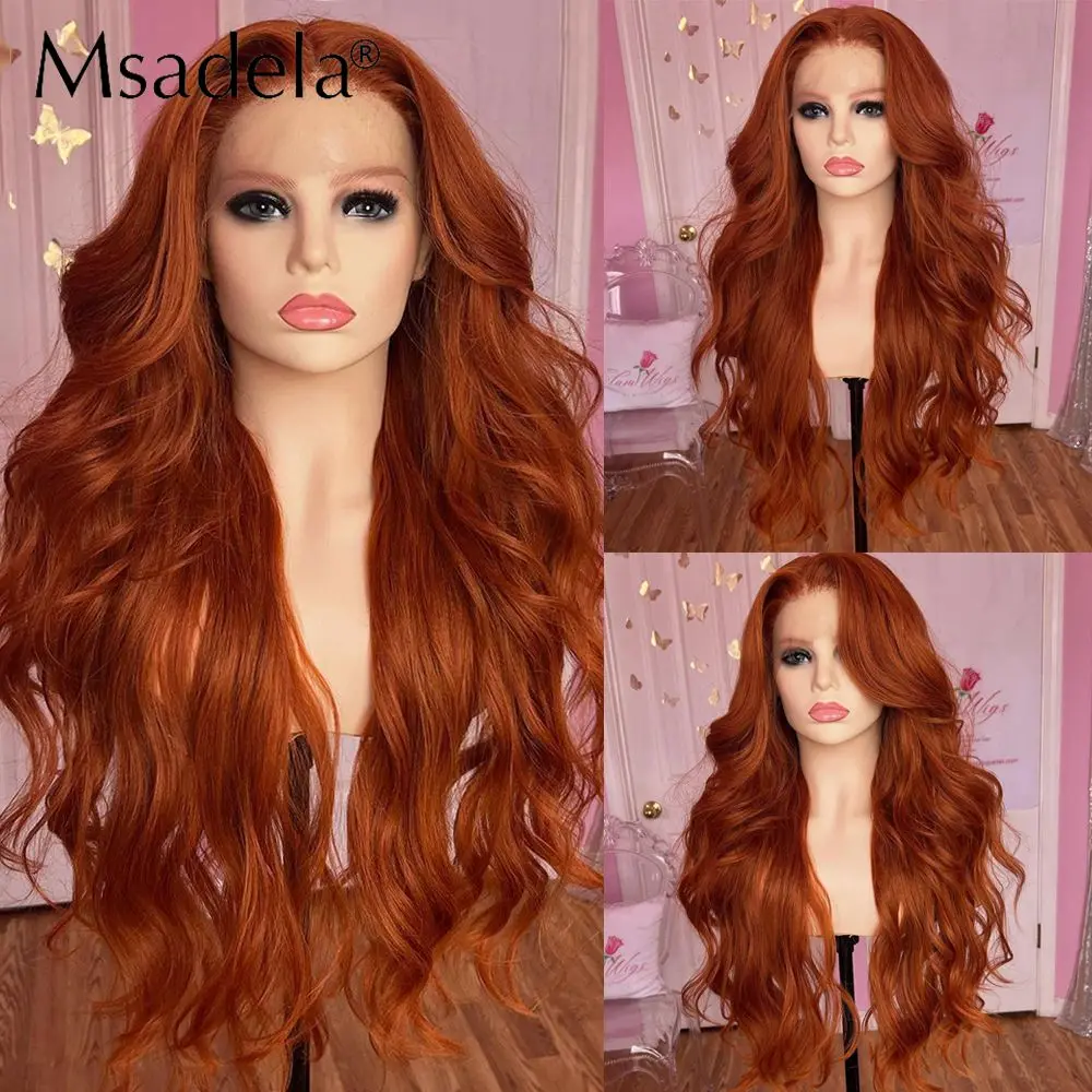 

28 Inches Body Wave Ginger Orange Color 13X4 Lace Front Wig Drag Queen Transparent Pink Synthetic Hair Cosplay Wigs For Women