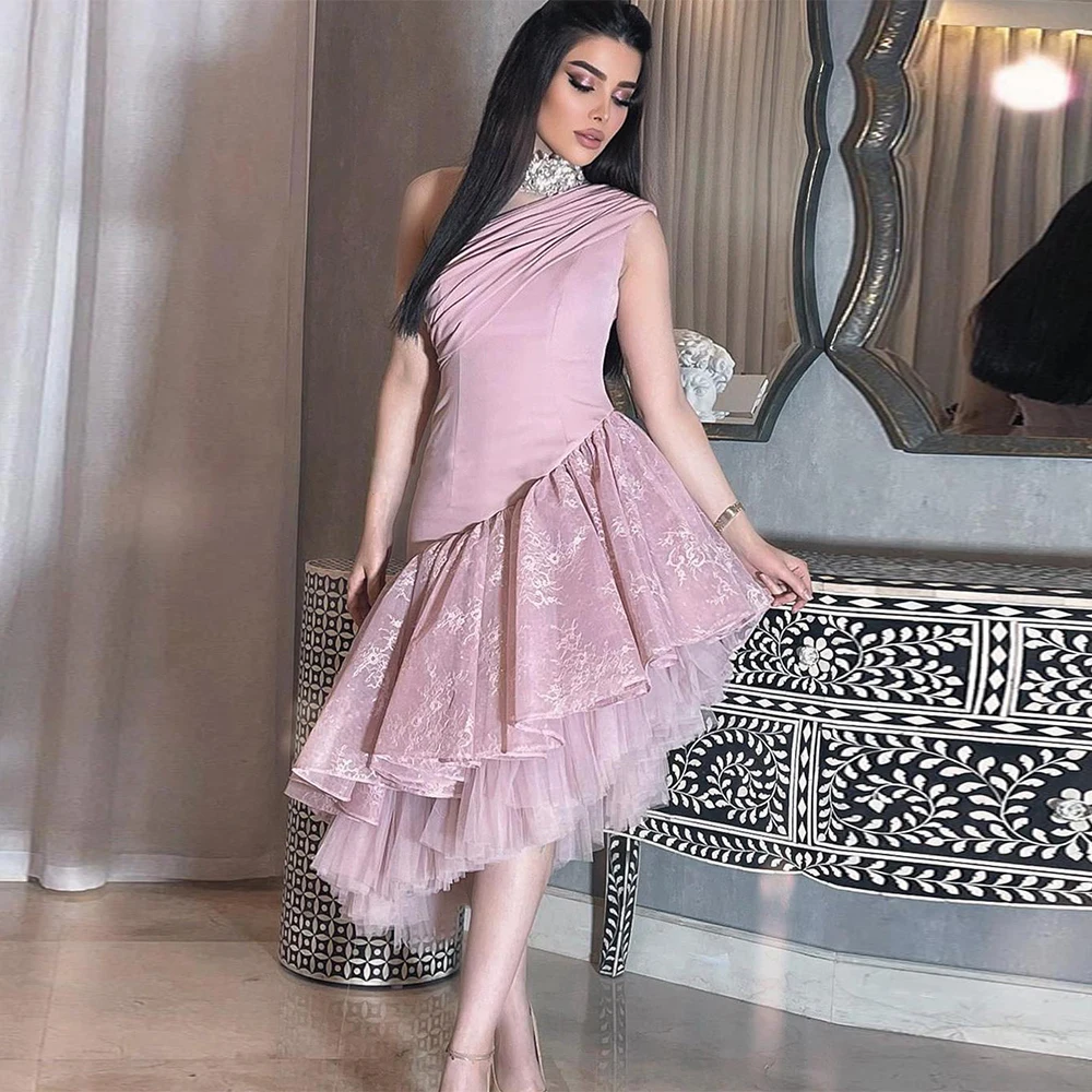 

Dusty Pink Cocktail Dress Sexy Lace Homecoming Gown One Shoulder Sleeveless Tiered Mini Party Dresses for Wedding Dancing