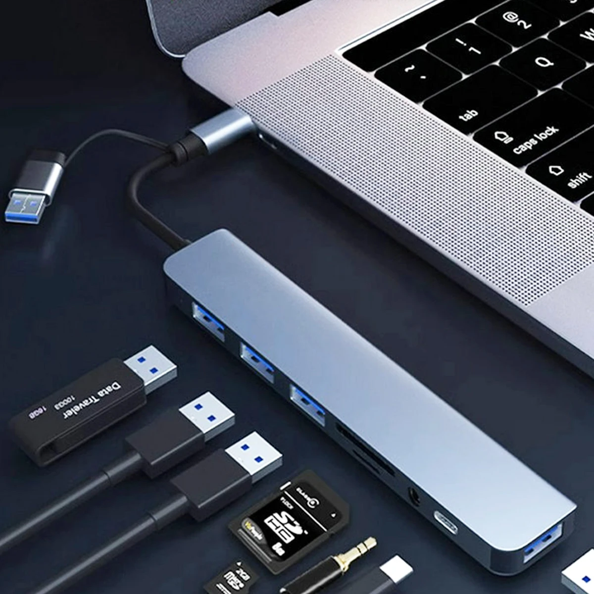 8-in-2 USB Hub with Card Reader and Docking Station Adapter