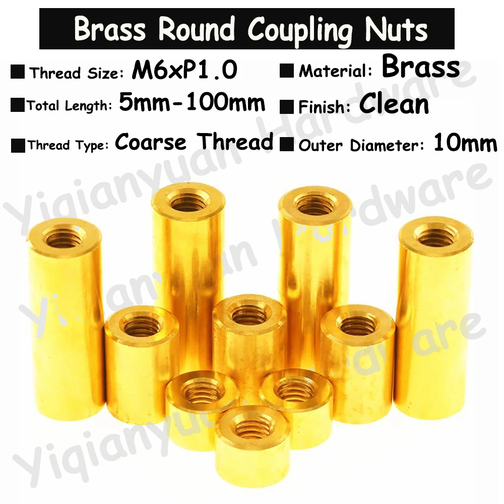 

M6xP1.0 Coarse Thread Brass Extend Long Lengthen Round Coupling Nut Connector Joint Sleeve Thicken Nut Copper Round Tubular Nuts