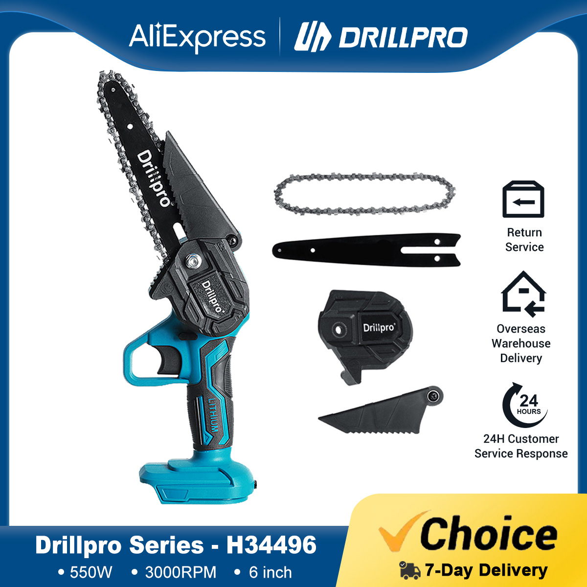 Drillpro 21V 6Inch Cordless Chain Saw Electric Chainsaw Lithium-ion Battery Saws Gardening Power Tools for Makita 18V Battery