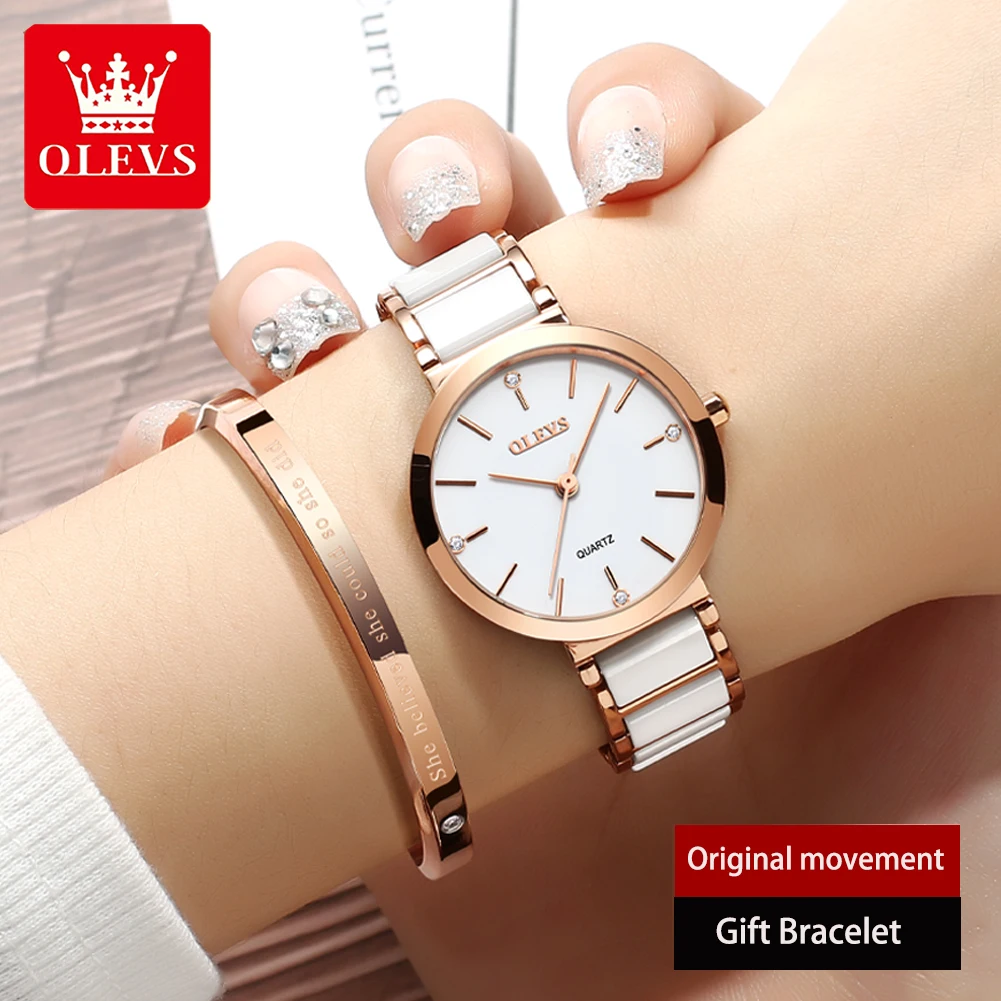 OLEVS Ceramics Watchstrap Quartz Women Watch Waterproof Luxury Brand Watch For Women Fashion Elegant Ladies Bracelet 5877 Women Electronic Watch