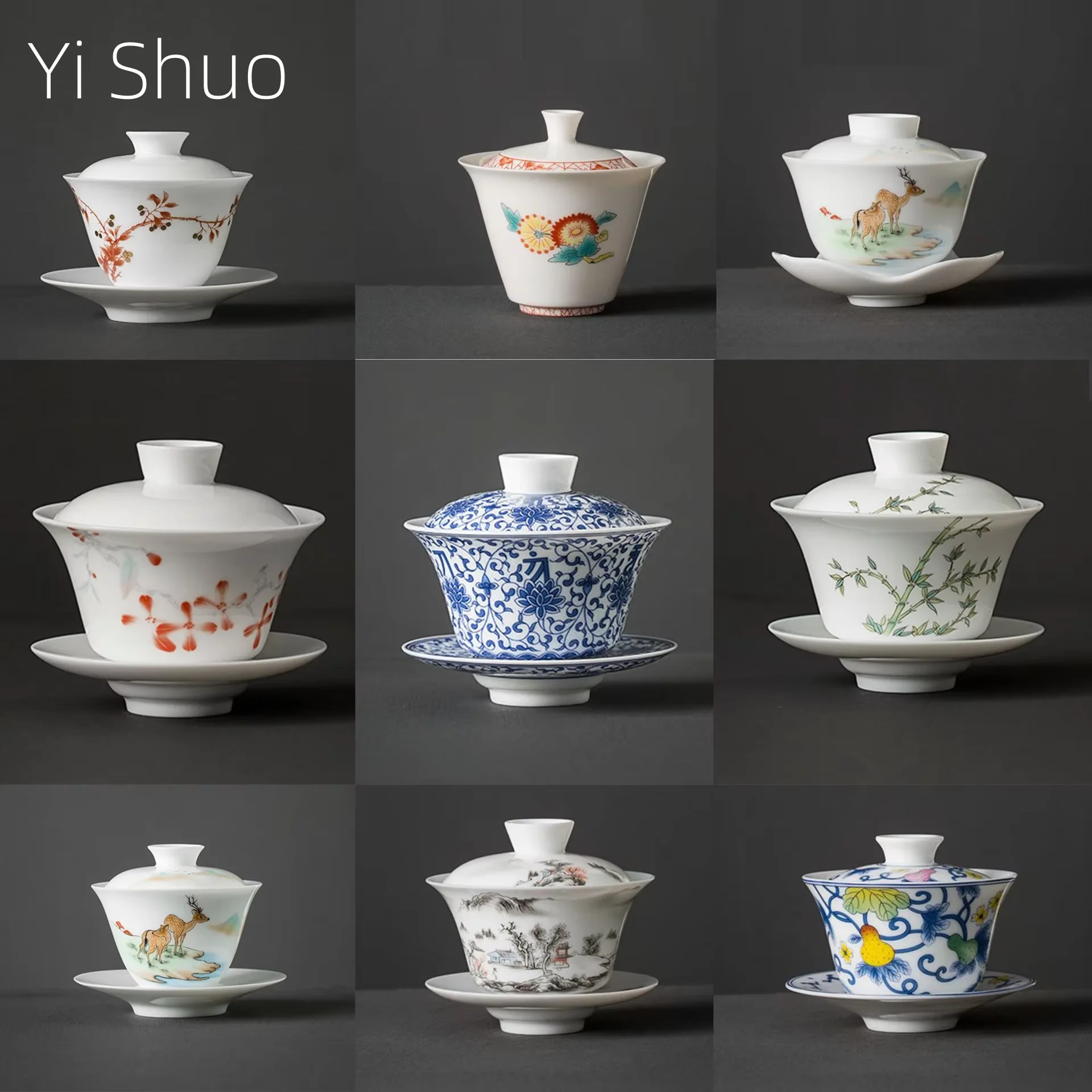 White Ceramic Lidded Bowl Mutton Fat Jade Tea Bowl Hand Painted Blue and White Gaiwan Household Kung Fu