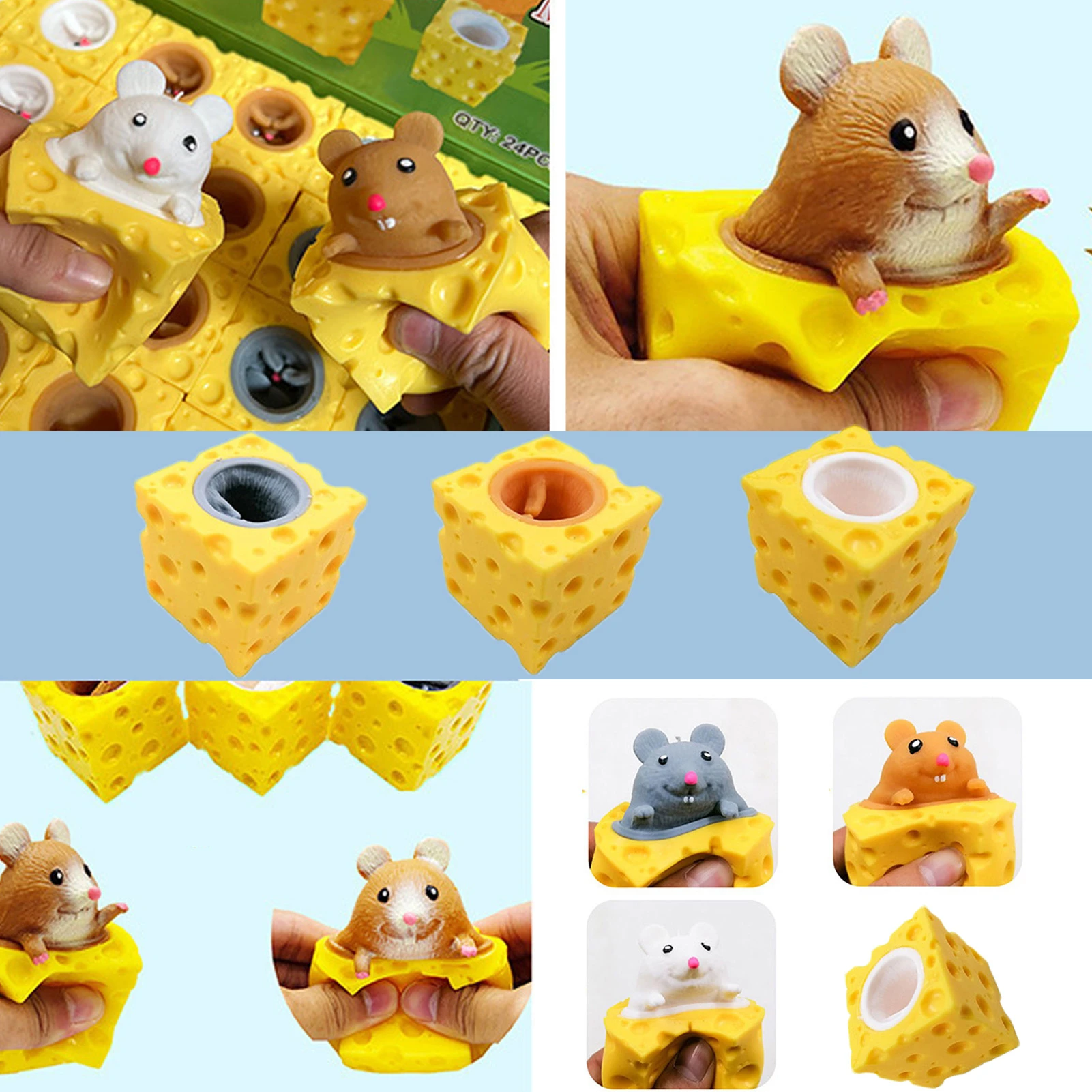 Squeeze Cheese Mice Toy Cheese Cup Mouse Pinch Toy Creative Animal Cheese Cup Toy Stress Relief Decompression Squeezing Toy For squeeze stress ball
