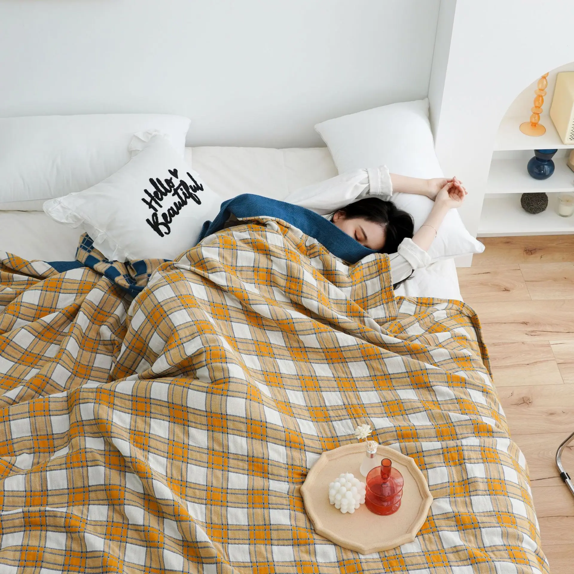 

Decorative Bed Throw Blankets Muslin Gauze Paid Double Quilt For Home Sofa Office Nap Cover Towel Blanket Bedspreads On The Bed