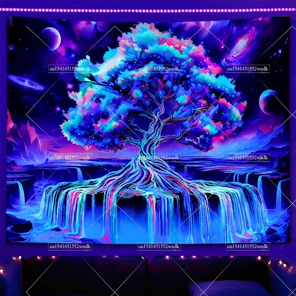 ブラックライトツリーライフタペストリー UV 反応性ネオンスター