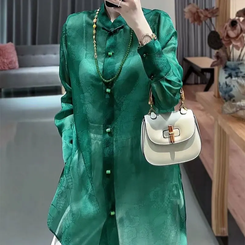 Female Clothing Vintage Printed Midi Shirt Chinese Disc Buckle Spring Summer Thin Single-breasted Stylish Stand Collar Blouse
