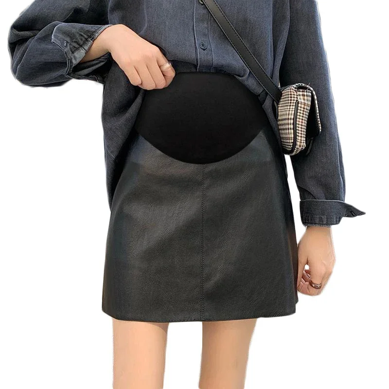 Pleated PU Maternity Skirts Autumn Winter Elegant A Line Slim Bottoms Clothes for Pregnant Women Fashion Hot Pregnancy