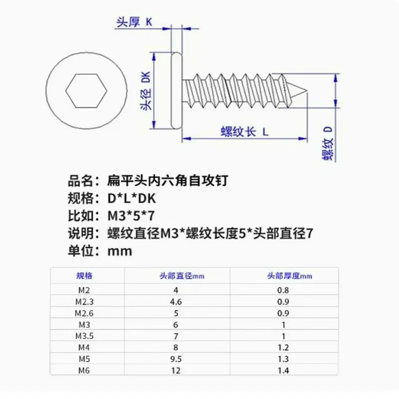 Allen hexagon screw M2 M2.3 M2.6 M3 M4 M5 M6 CA Large Flat Thin Wafer Head Self Tapping Wood 304 Stainless Steel