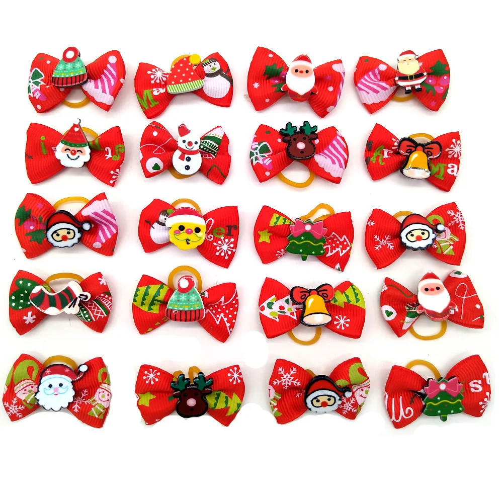 Random 12PC Christmas bows pet hair clips holiday parties dog headwear cat Christmas hair clips children's decorations