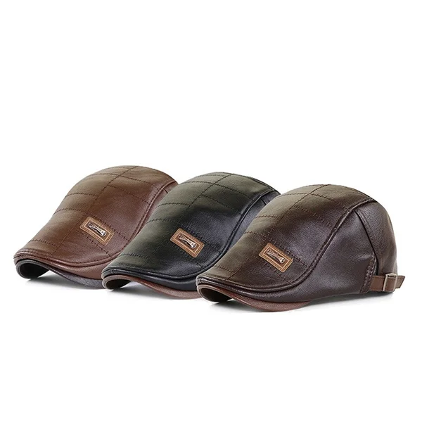 Men Fashion Retro PU Leather Beret Hats Autumn Winter Leather Beret Hat Middle-aged Men's Visor Warm Flat Peaked Cap Adjustable beret hat,woolen beret