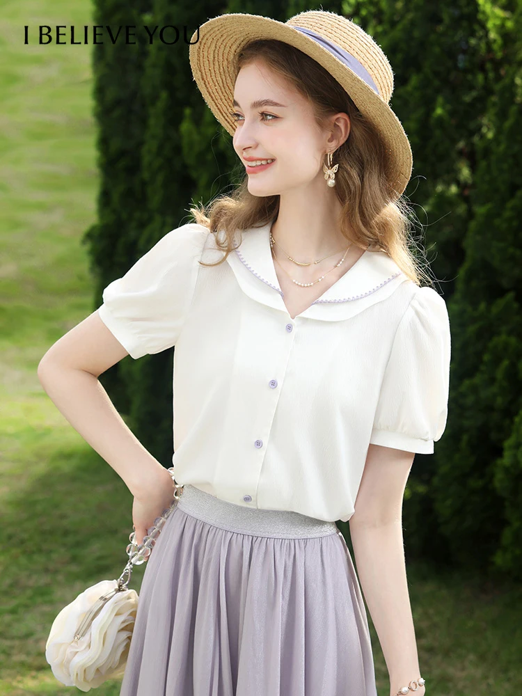 I BELIEVE YOU White Shirt French Peter Pan Collar Puff Short Sleeve Women's Shirts & Blouses 2023 Summer Chiffon Tops 2232055086