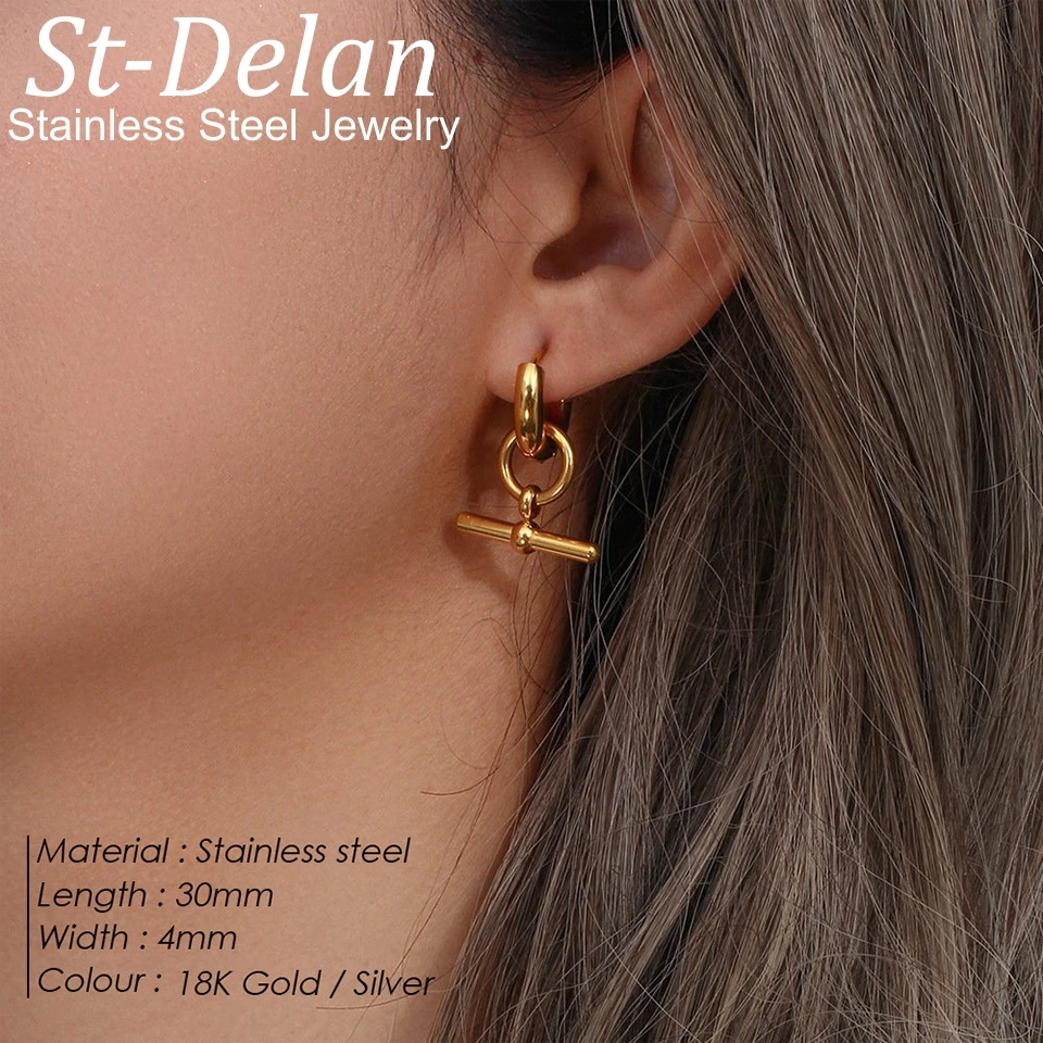 18K Vergoldete Edelstahl T-Bar Creolen für Damen, Chunky Huggie Ohrhänger, Minimalistischer Piercing-Schmuck 30mm – Detail 2