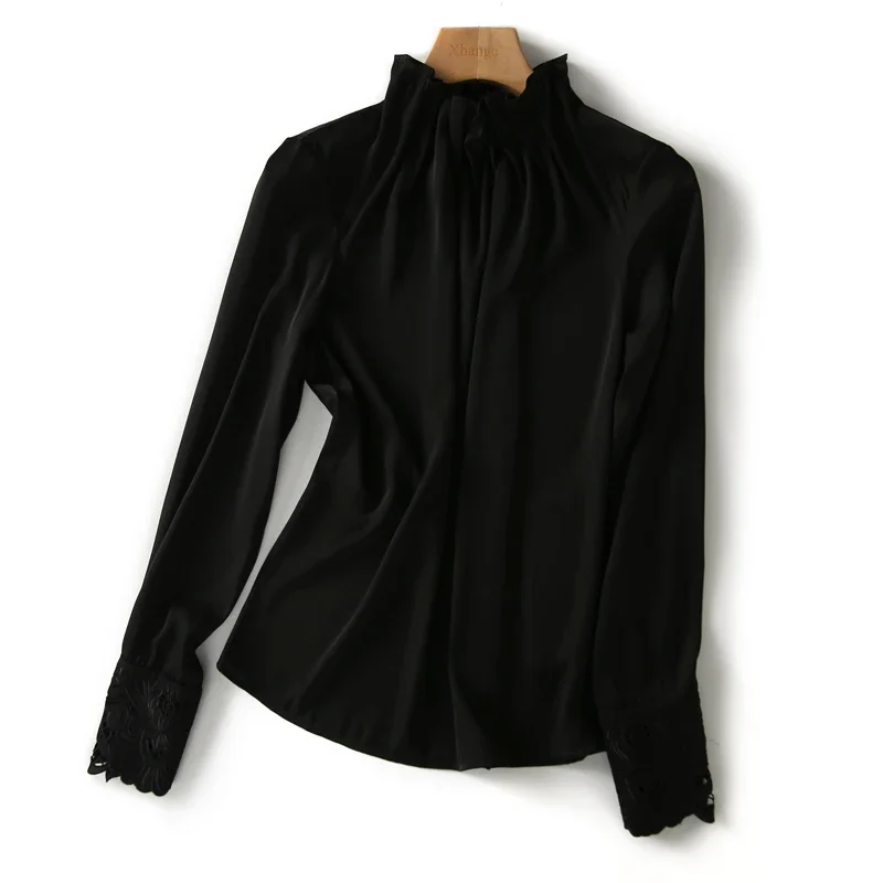 Satin Shirt for Women, Casual Blouses, Loose Fashion Lace Top, Long Sleeve, O-Neck Ruffle, Solid Silk, New, Summer 2024 Korean