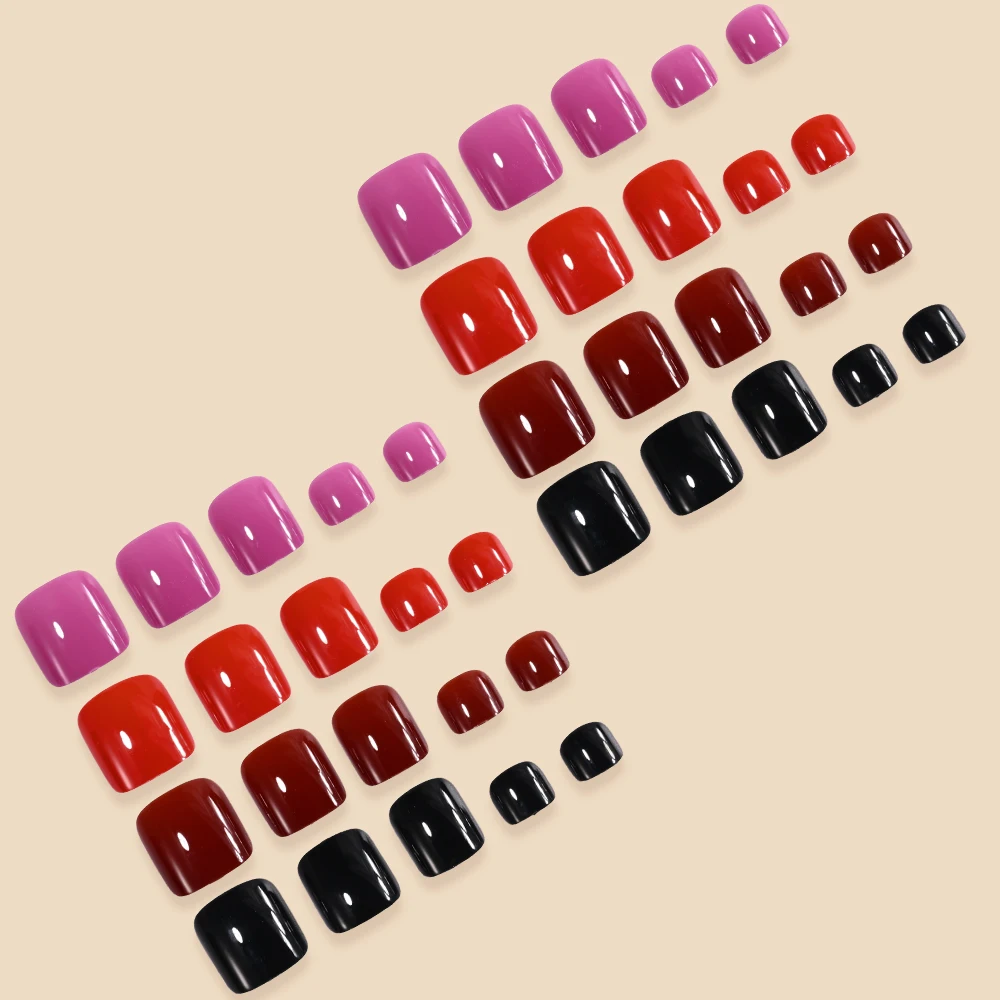 96 Stück/Box Einfarbige Schwarze/Weiße/Rosa Glänzende Sommer Aufklebenägel für Zehen Kurze Quadratische Französische Vollabdeckung Künstliche Zehennägel Falsche Fußnägel @ – Detail 5