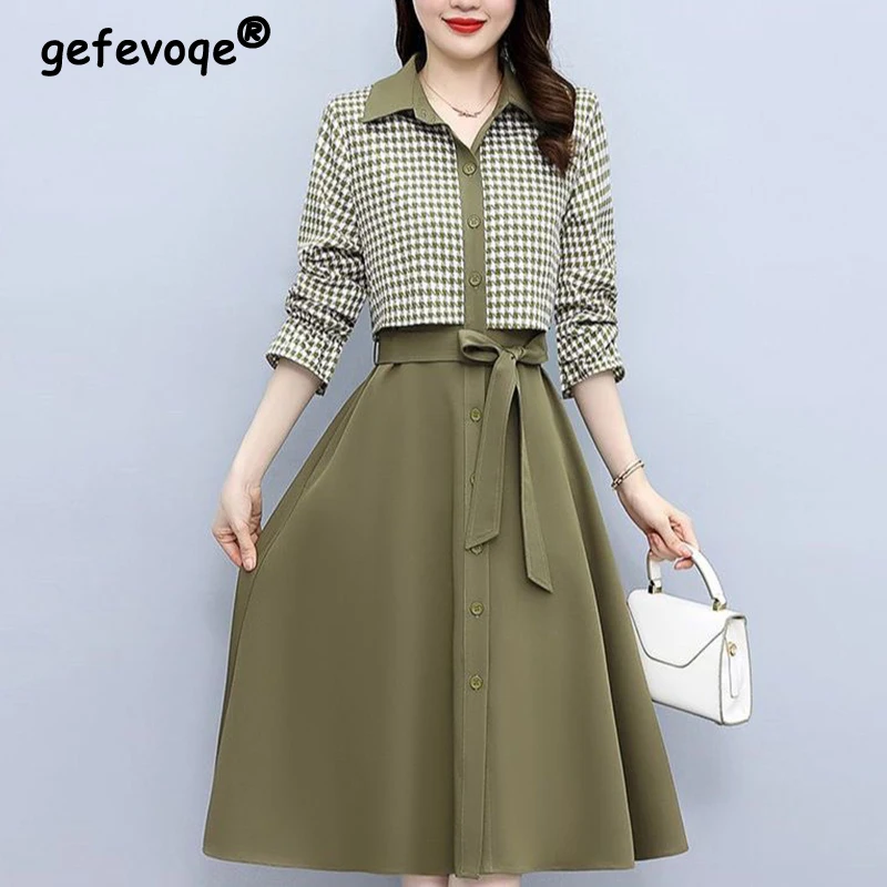 Unewmy Plus Size Black Plaid Patchwork Dress - Long Sleeve Vintage Babydoll Corset Dress, Empire Waist