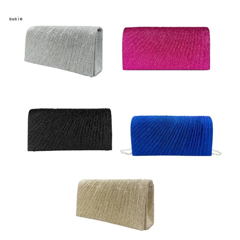 

X7YA Women Sparkling Shoulder Handbags Pleated Clutch Purse Evening Bag Formal Party Clutch Bags Wedding Party Bridal Purse