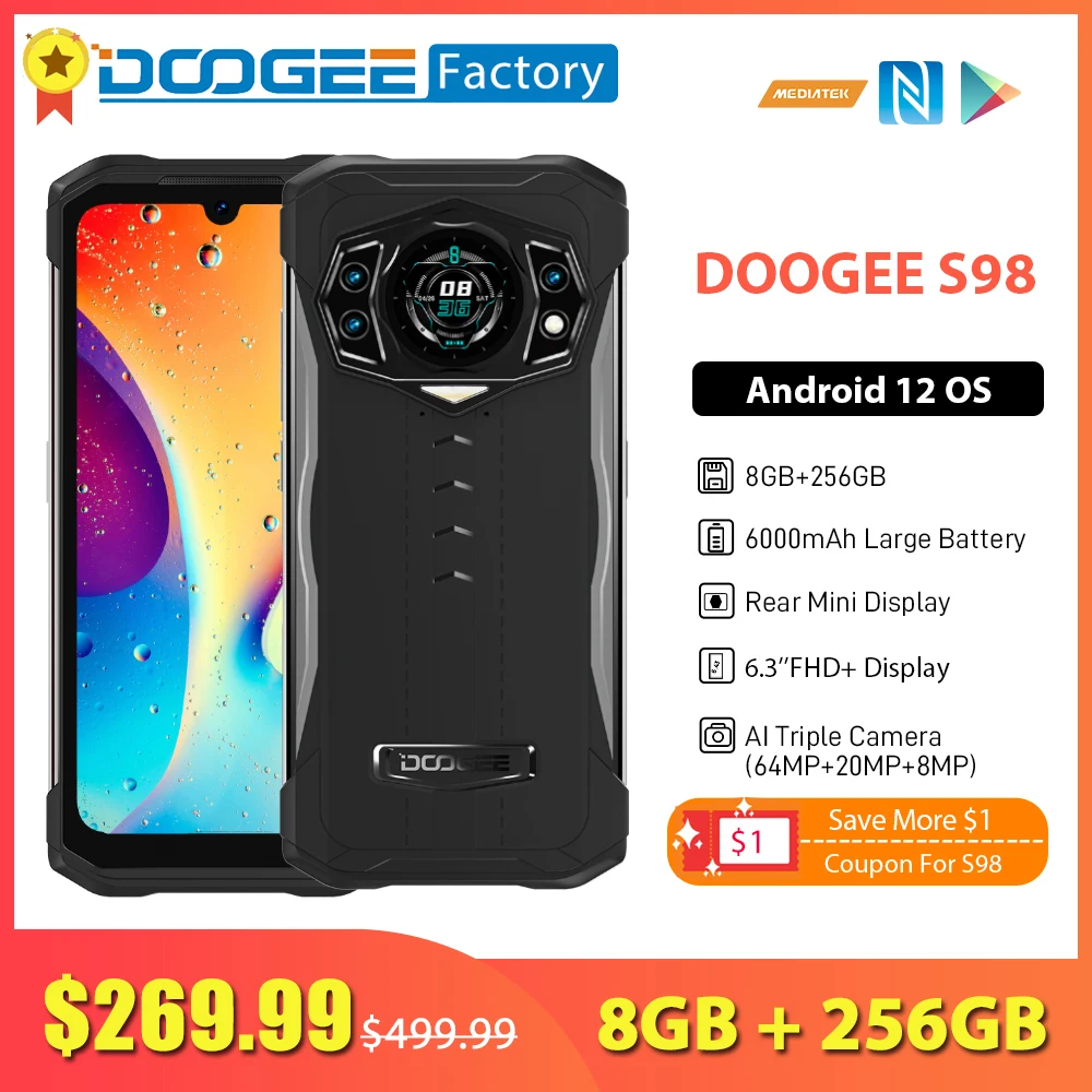 Смартфон DOOGEE S98 8 ГБ 256 G96 Восьмиядерный 6 3-дюймовый 64-мегапиксельная камера 6000 мАч